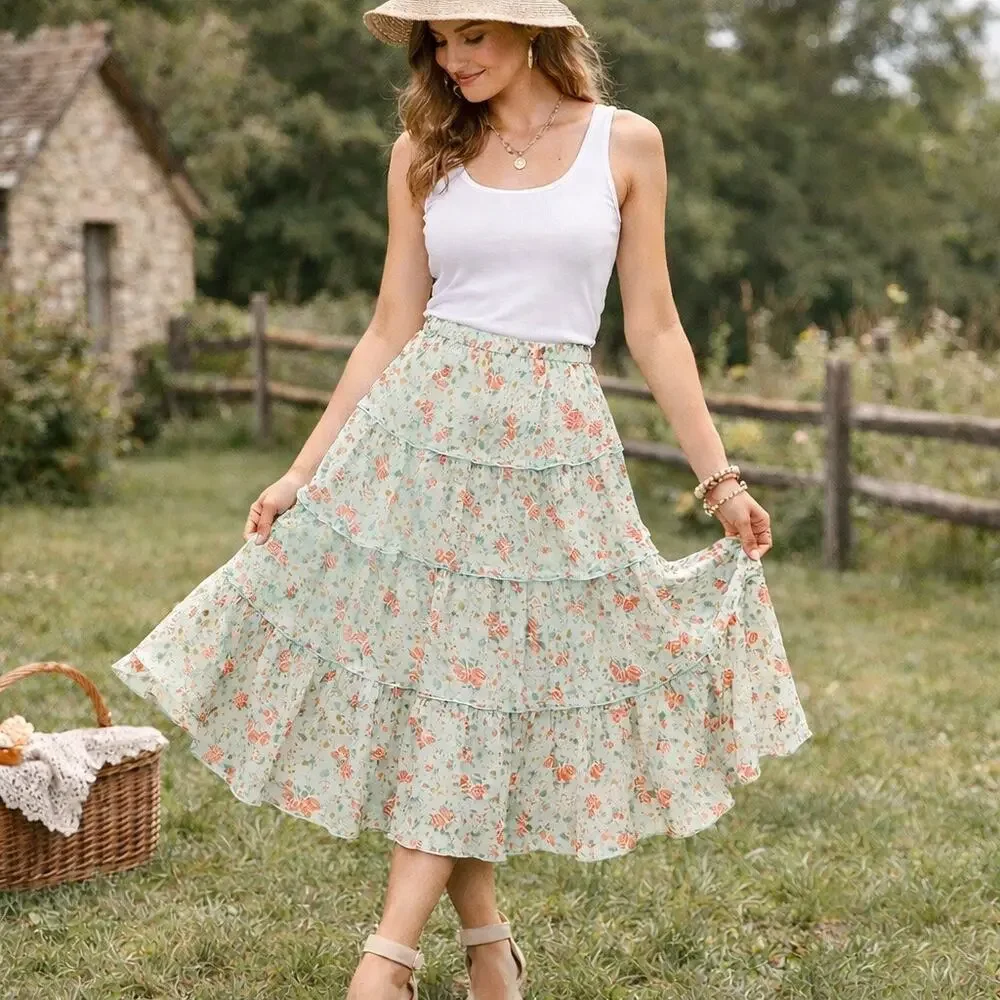 Rare Sundance 100% Silk Tiered Floral Skirt Prairie Boho Romantic Cottagecore 6 - Picture 1 of 7